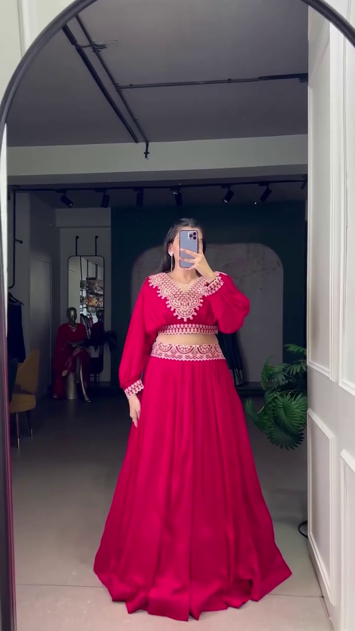Embroidered Thread Work Semi-Stitched Lehenga