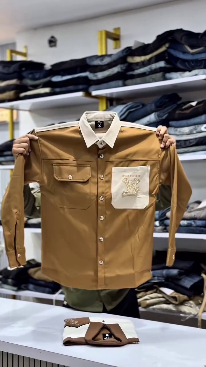 Men Casual Brown V-Shaped Front Yoke Shirt - Image 5