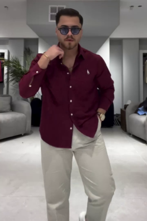 Men Red Stretchy Twill Shirt